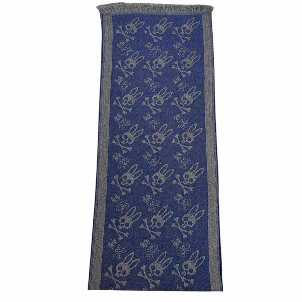 Psycho Bunny Gray And Blue Logo Wool Scarf